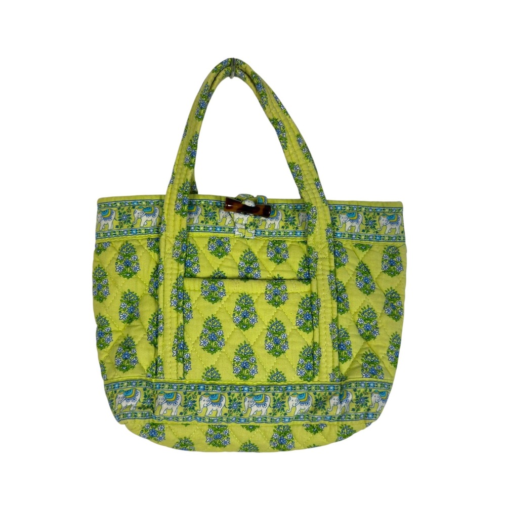 Vera Bradley Tote Bag Small Lime Green Quilted Elephant Floral Boho Vintage USA